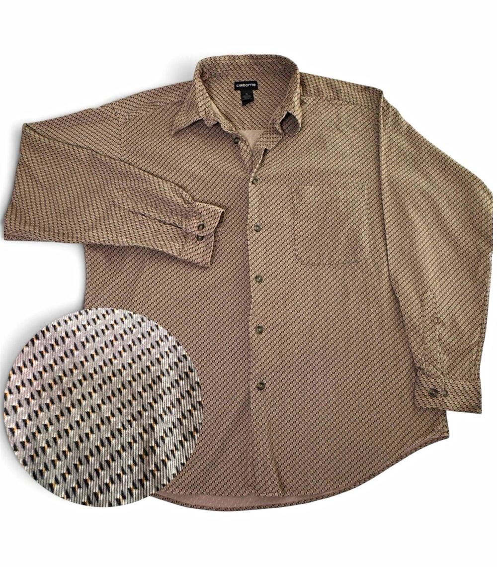 Claiborne Men Green Beige Geometric Pattern Long Sleeve Button Down Shirt XL